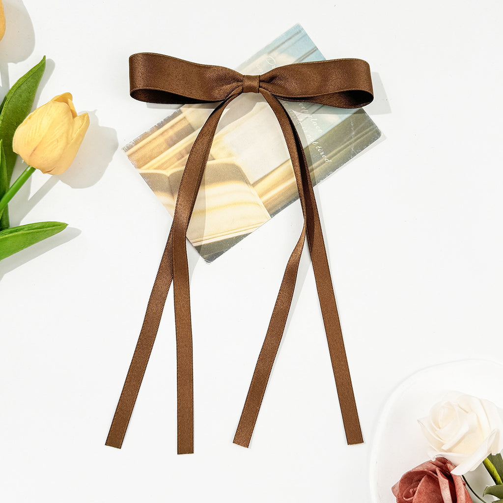 Skinny Satin Ribbon Streamer Bow Hair Clip - Brown