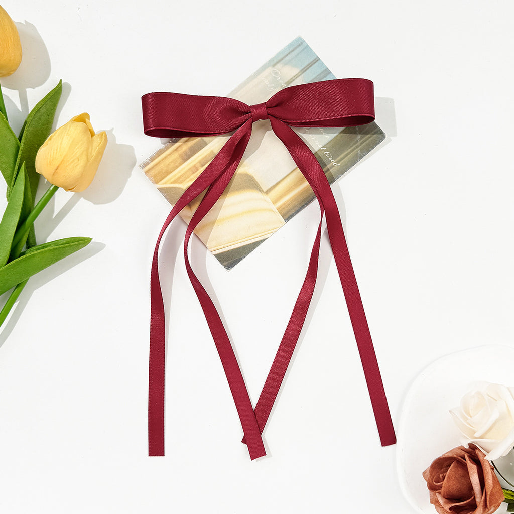 Skinny Satin Ribbon Streamer Bow Hair Clip - Burgundy