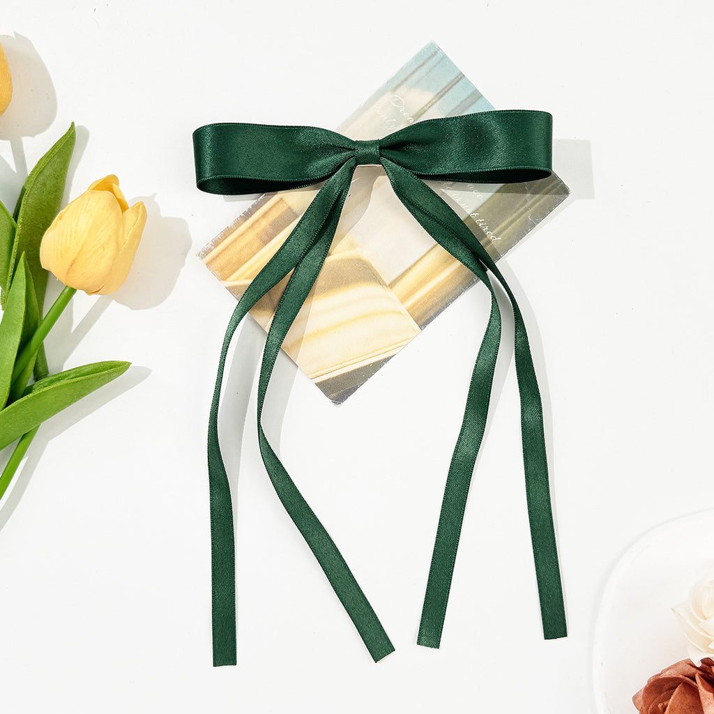 Skinny Satin Ribbon Streamer Bow Hair Clip - Forest