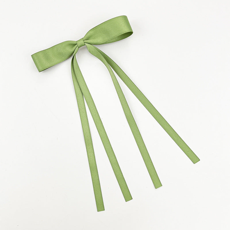 Skinny Satin Ribbon Streamer Bow Hair Clip - Green