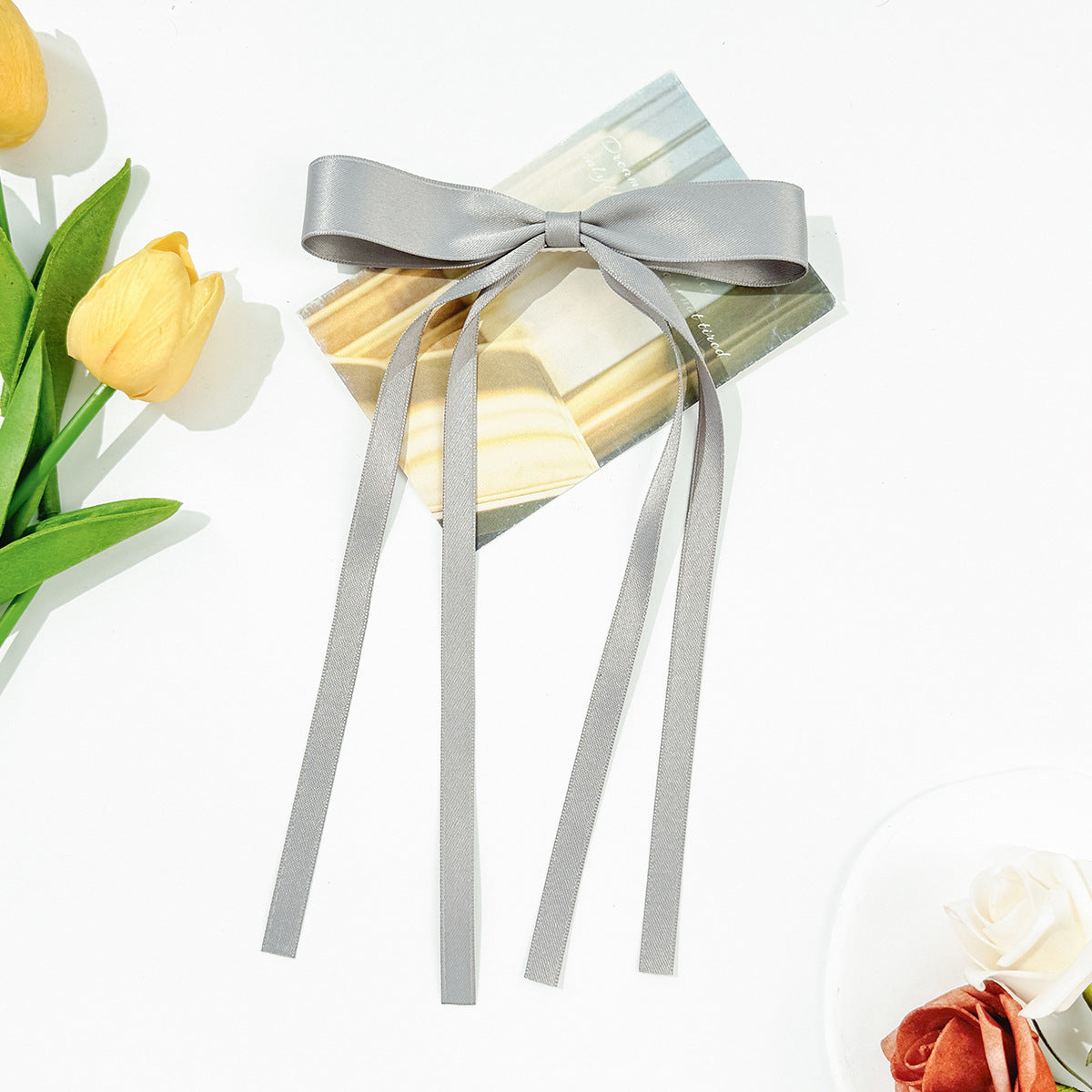Skinny Satin Ribbon Streamer Bow Hair Clip - Grey