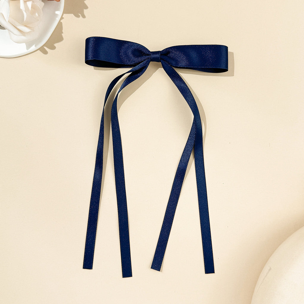Skinny Satin Ribbon Streamer Bow Hair Clip - Navy