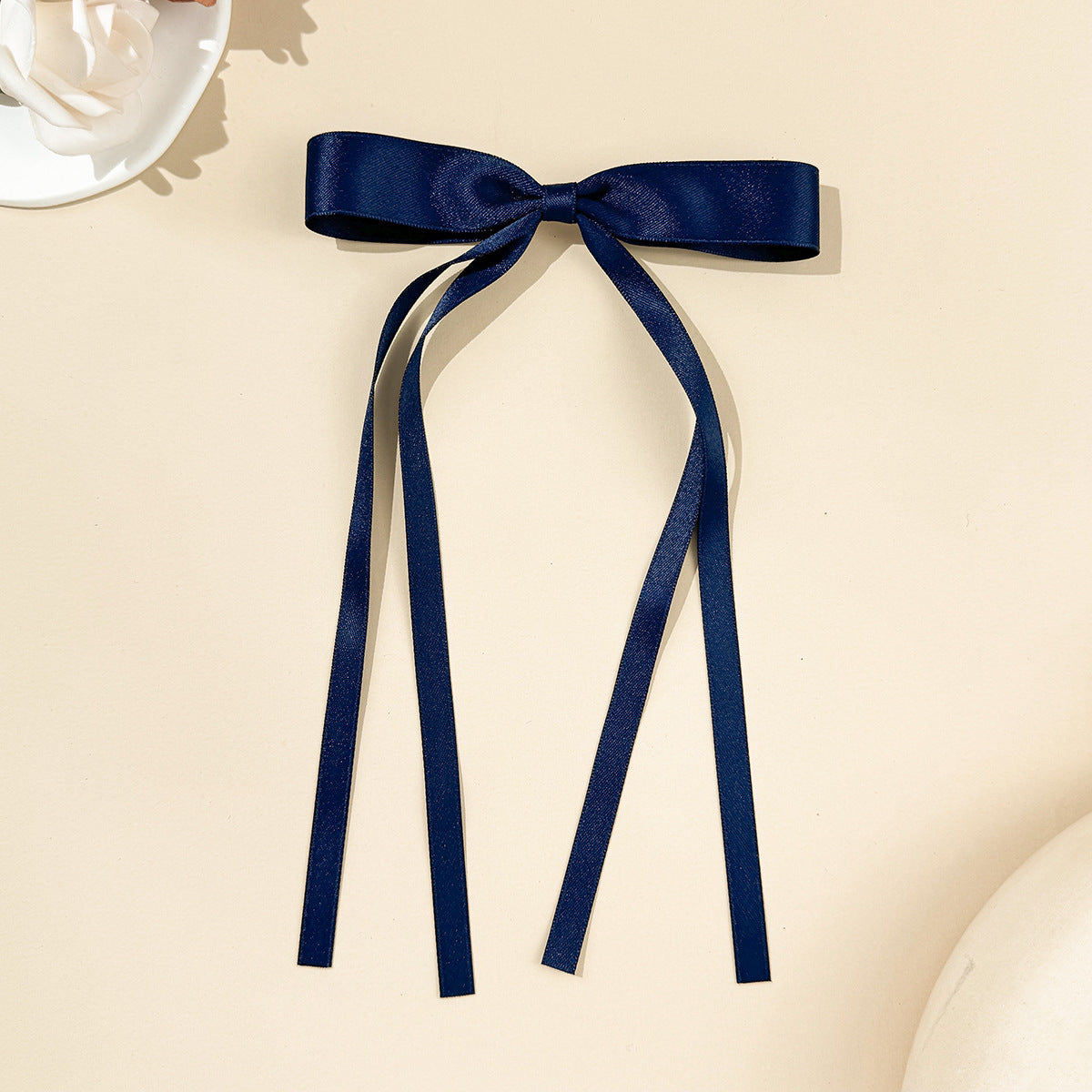 Skinny Satin Ribbon Streamer Bow Hair Clip - Navy