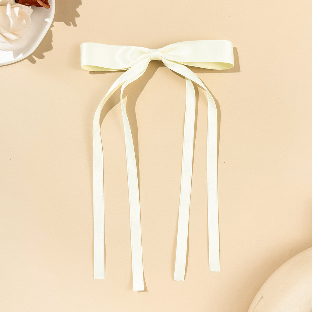 Skinny Satin Ribbon Streamer Bow Hair Clip - Offwhite