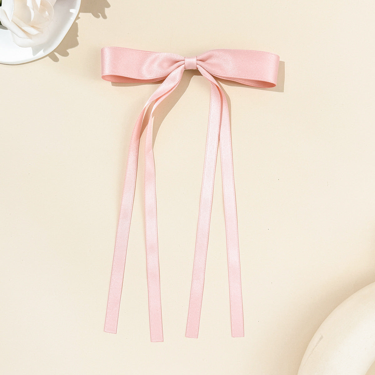 Skinny Satin Ribbon Streamer Bow Hair Clip - Pink