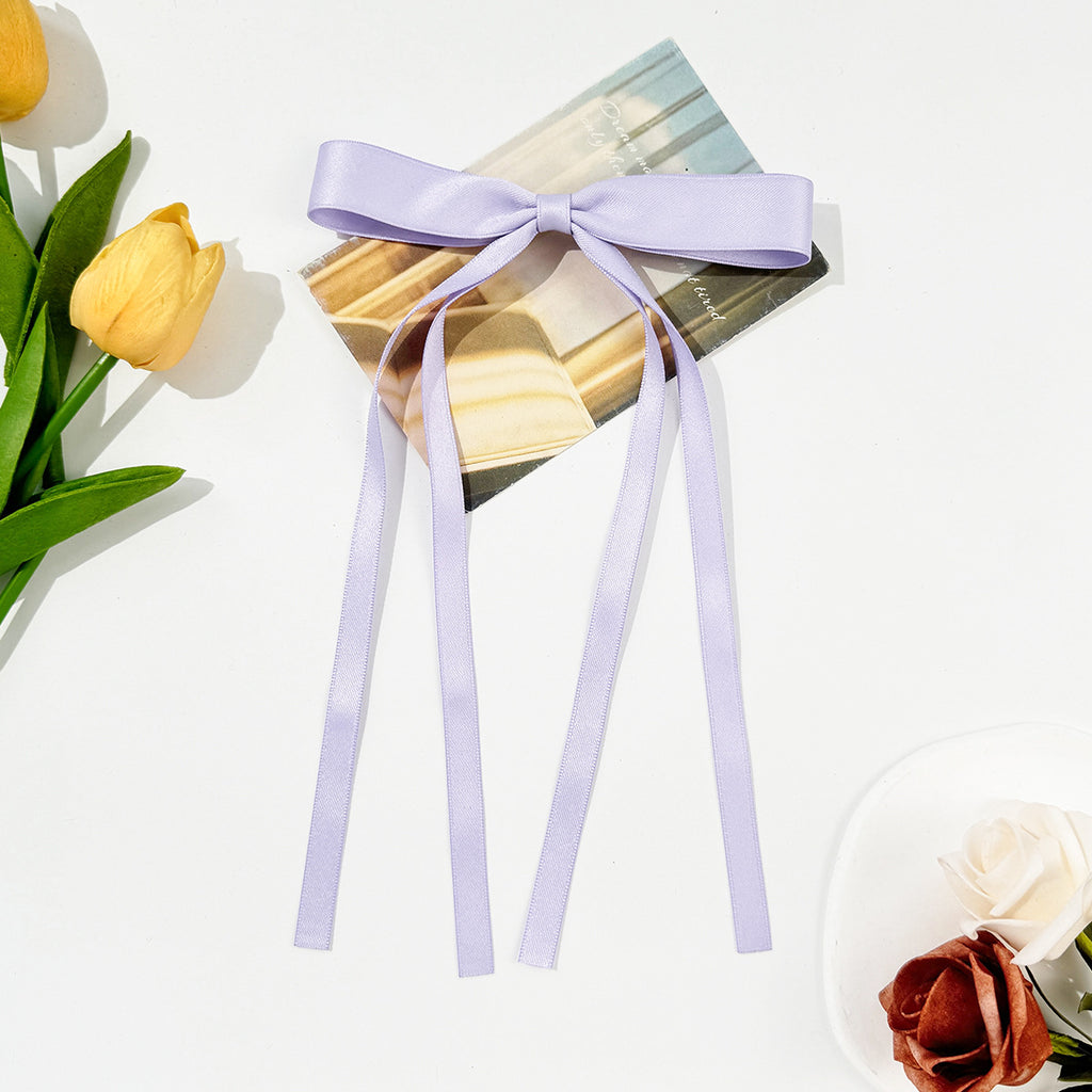 Skinny Satin Ribbon Streamer Bow Hair Clip - Purple