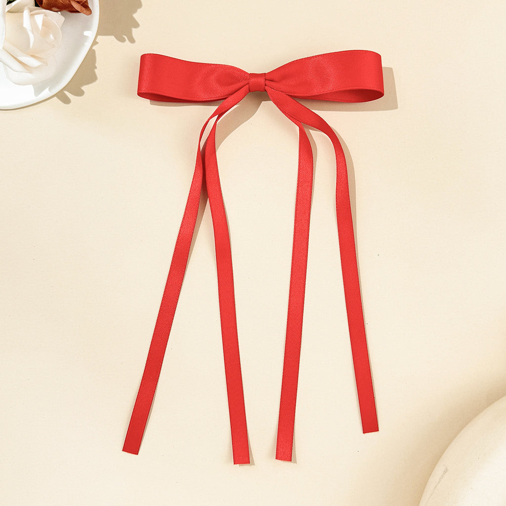 Skinny Satin Ribbon Streamer Bow Hair Clip - Red