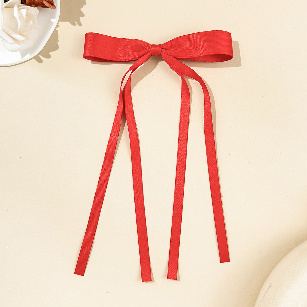 Skinny Satin Ribbon Streamer Bow Hair Clip - Red