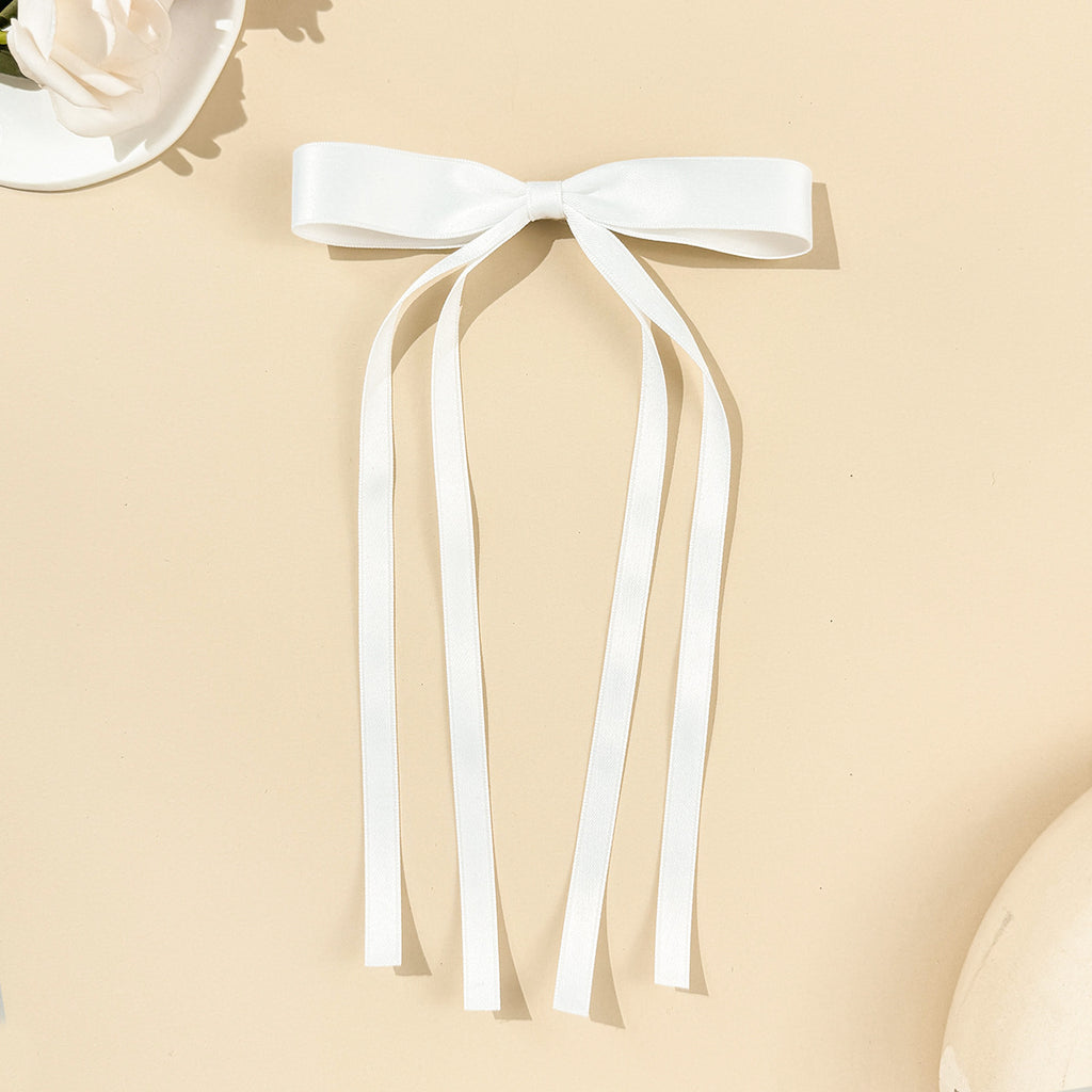 Skinny Satin Ribbon Streamer Bow Hair Clip - White