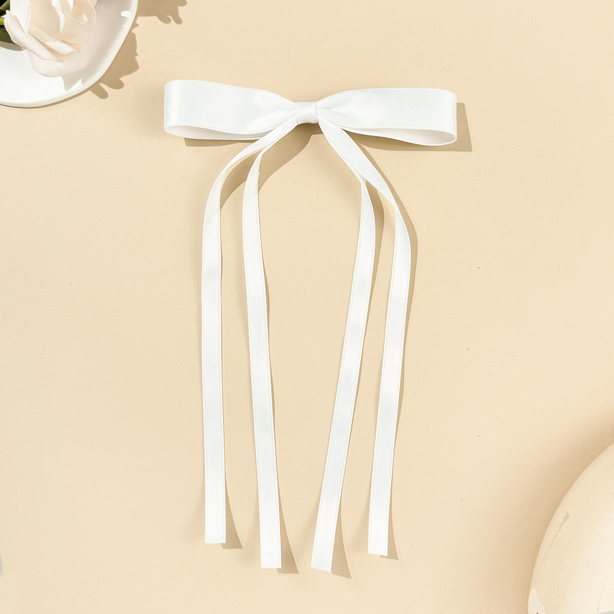 Skinny Satin Ribbon Streamer Bow Hair Clip - White