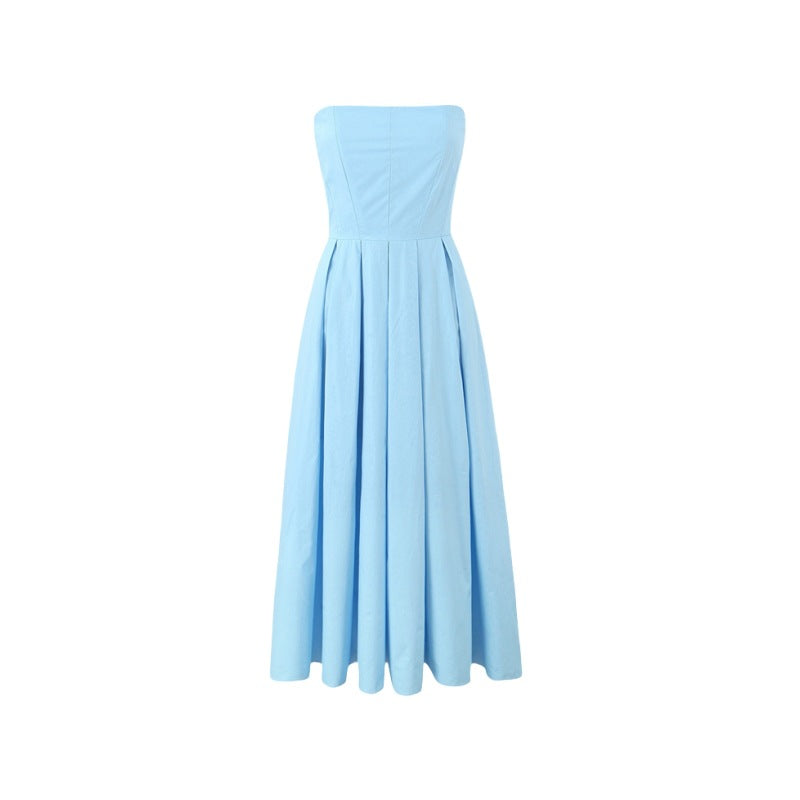 Bandeau Neckline Full Skirt Midi Party Dress - Blue
