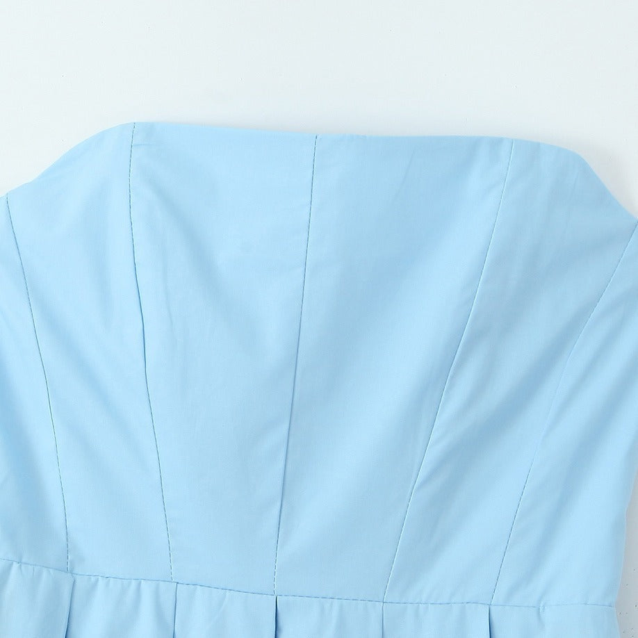 Bandeau Neckline Full Skirt Midi Party Dress - Blue - 1
