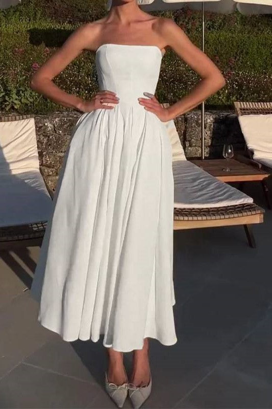 Bandeau Neckline Full Skirt Midi Party Dress - white