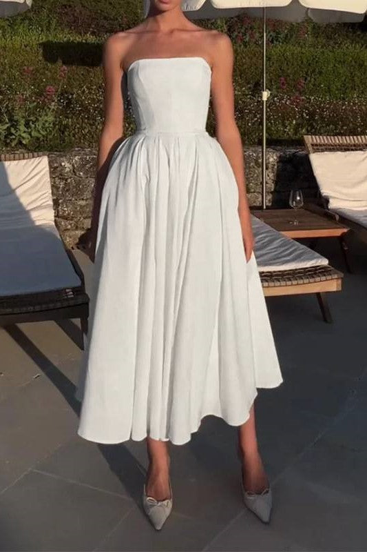 Bandeau Neckline Full Skirt Midi Party Dress - white - 2