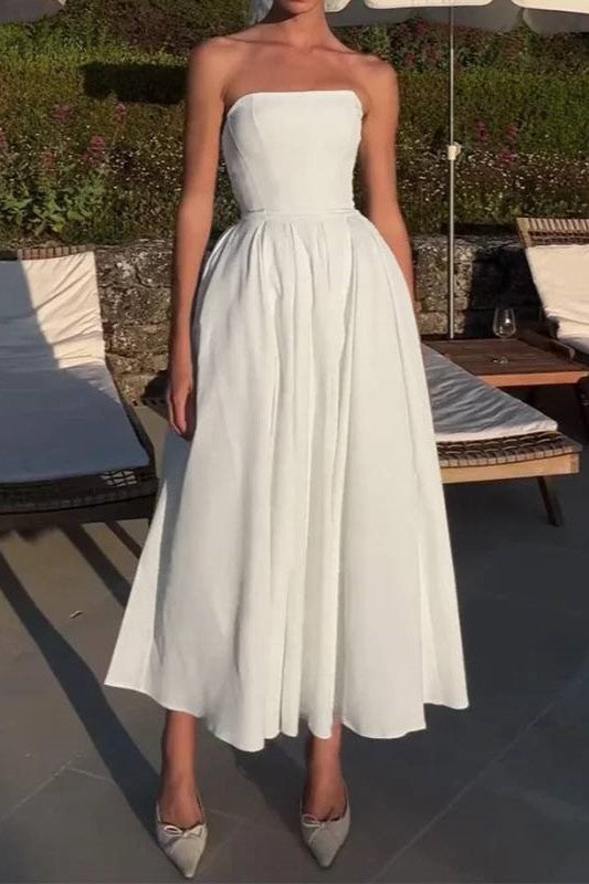 Bandeau Neckline Full Skirt Midi Party Dress - white - 3