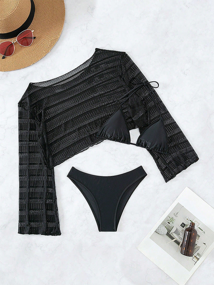 Halter Bikini Set With Sheer Mesh Top - Black - 3