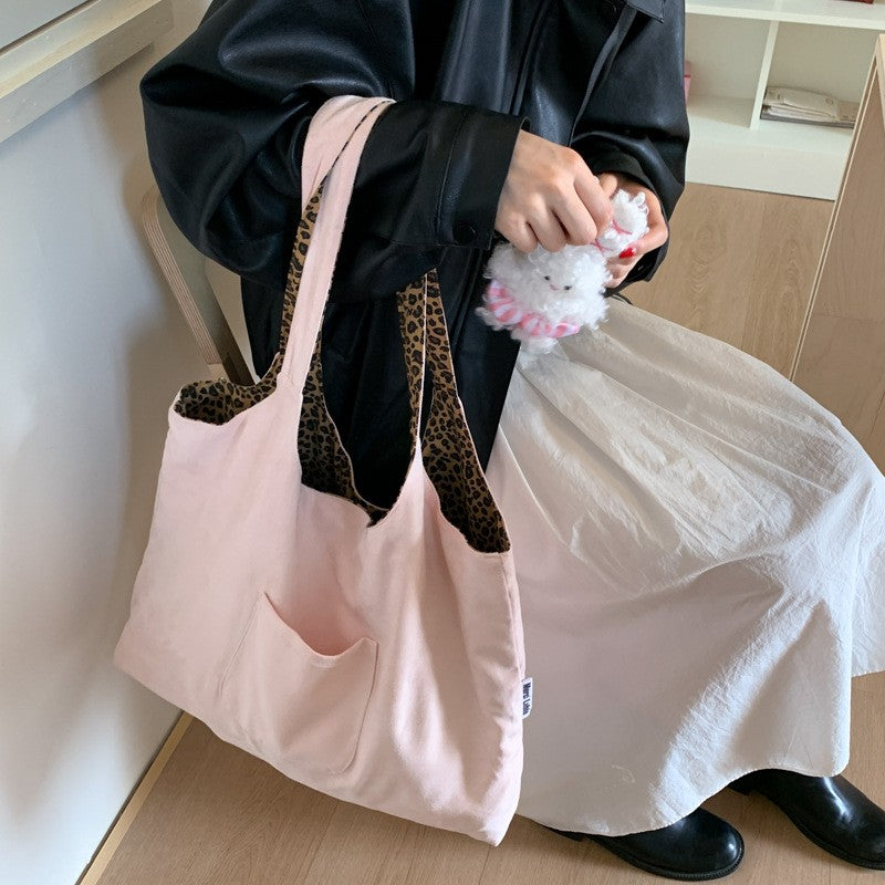 Reversible Leopard Print Corduroy Tote Bag - Blush Pink