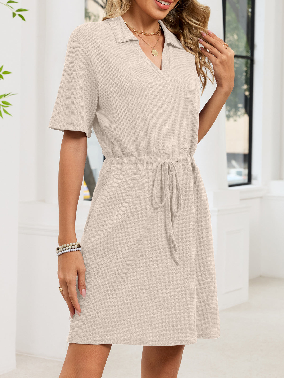 Collared Drawstring Waist Short Sleeve Dress - Apricot