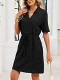 Collared Drawstring Waist Short Sleeve Dress - Black