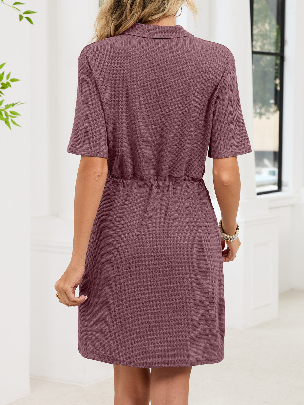 Collared Drawstring Waist Short Sleeve Dress - Brickred - 1