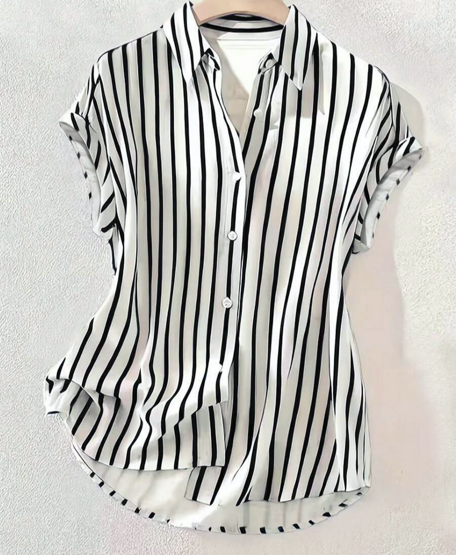 Striped Cap Sleeve Button Down Shirt - Black
