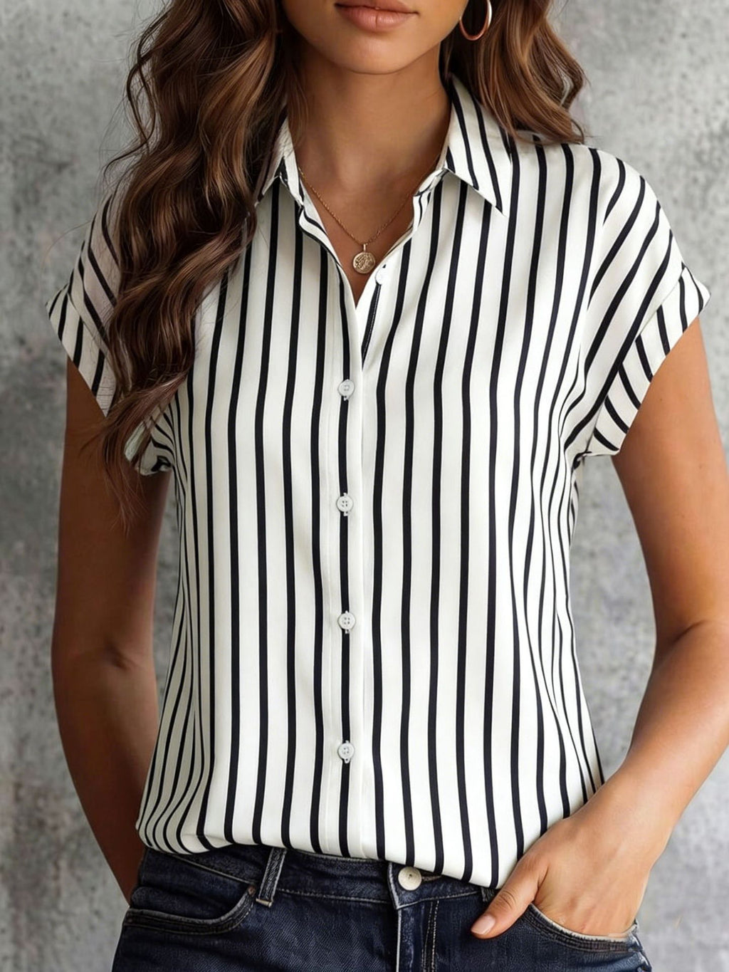 Striped Cap Sleeve Button Down Shirt - Black - 2