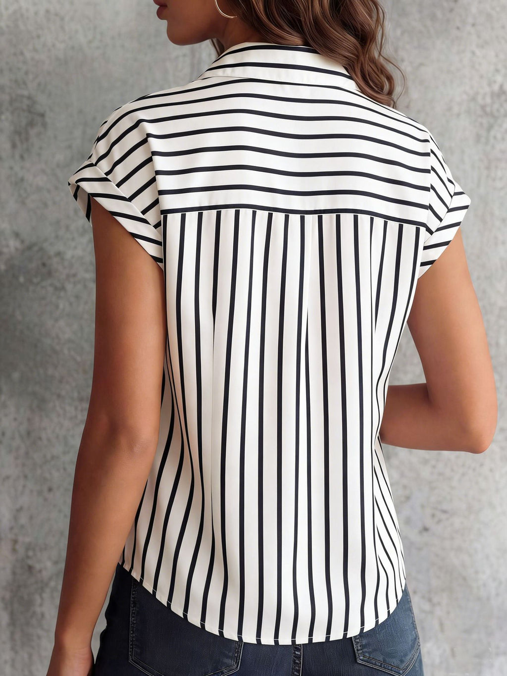 Striped Cap Sleeve Button Down Shirt - Black - 3