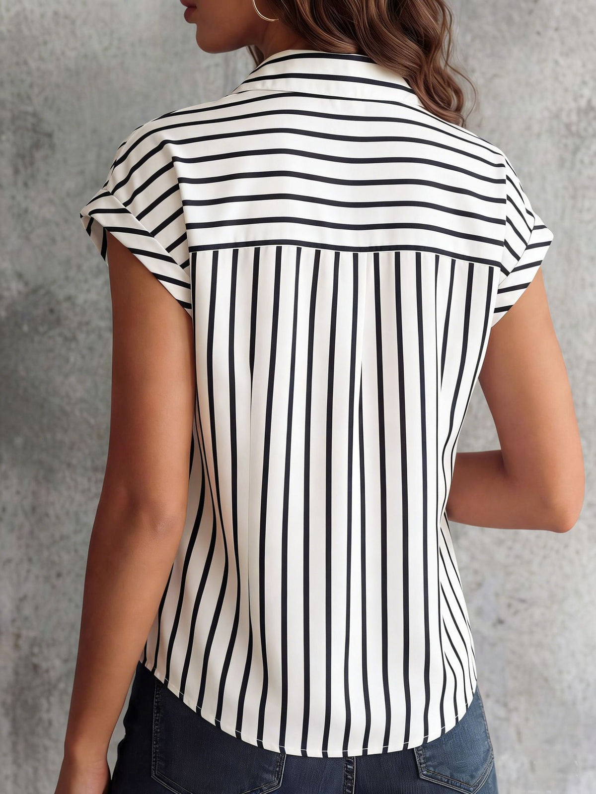 Striped Cap Sleeve Button Down Shirt - Black - 3