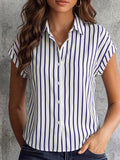Striped Cap Sleeve Button Down Shirt - Blue