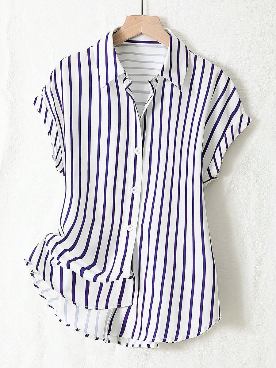 Striped Cap Sleeve Button Down Shirt - Blue - 1