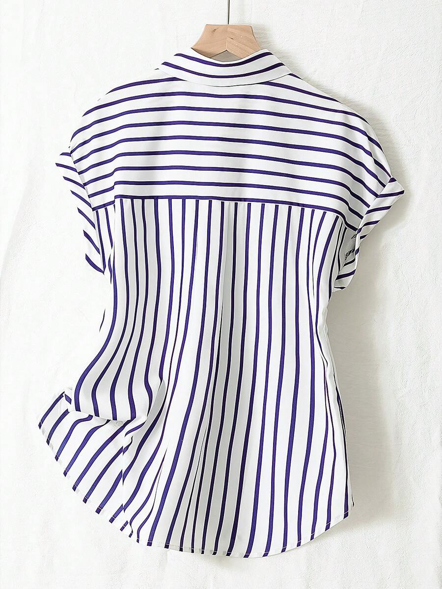 Striped Cap Sleeve Button Down Shirt - Blue - 2