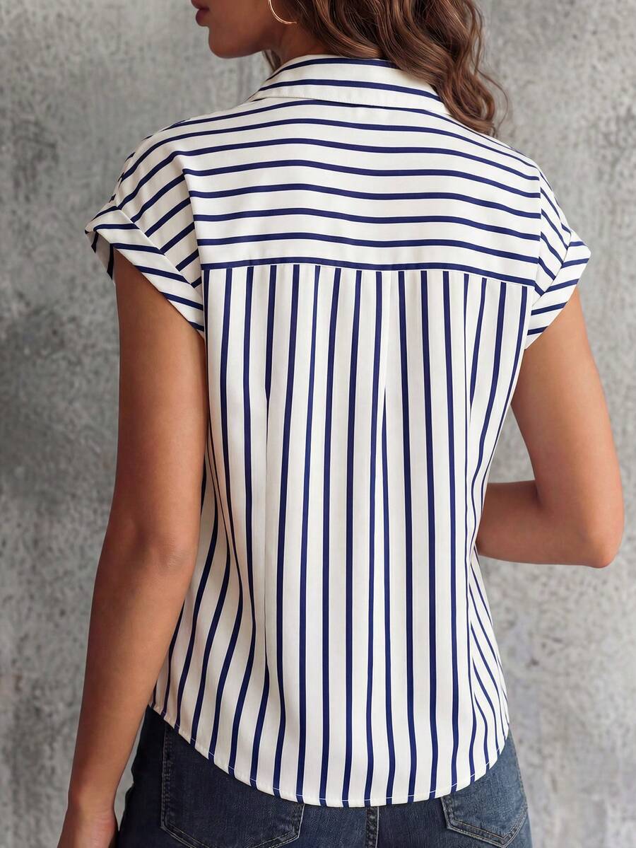Striped Cap Sleeve Button Down Shirt - Blue - 3