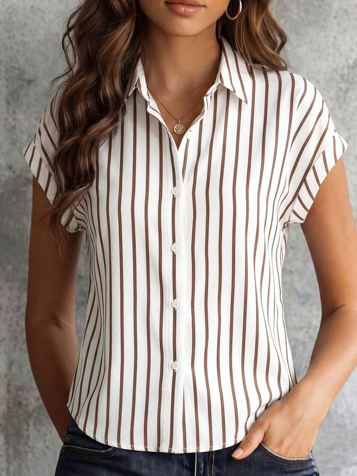 Striped Cap Sleeve Button Down Shirt - Coffee - 1
