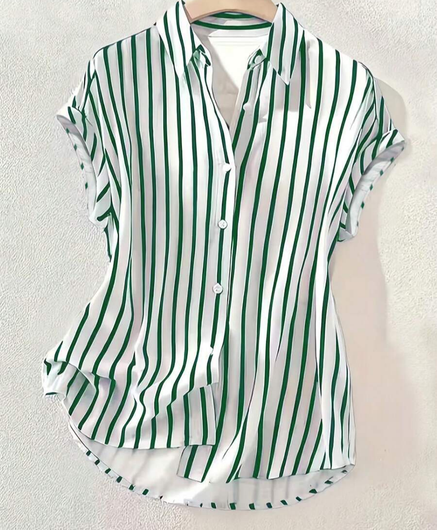 Striped Cap Sleeve Button Down Shirt - Green