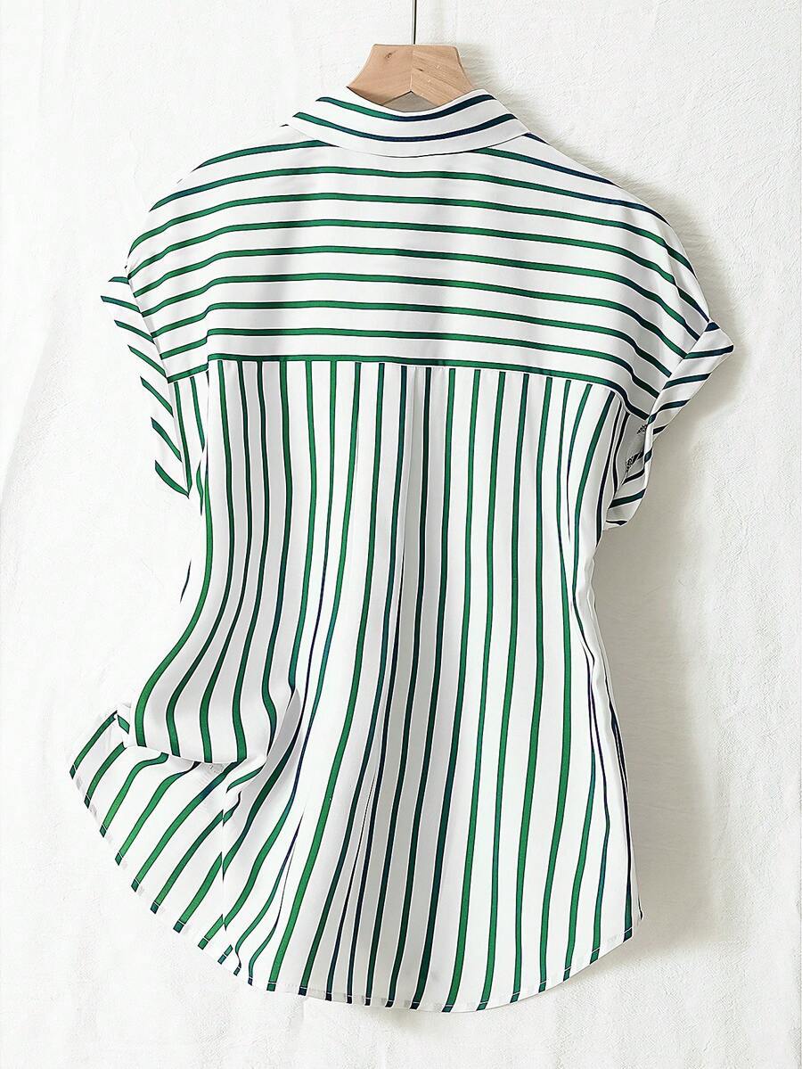 Striped Cap Sleeve Button Down Shirt - Green - 1