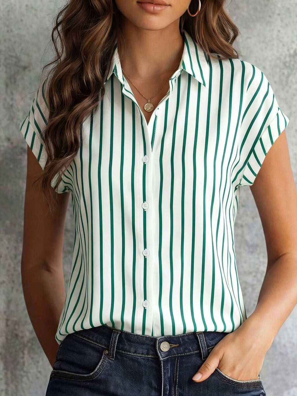 Striped Cap Sleeve Button Down Shirt - Green - 2
