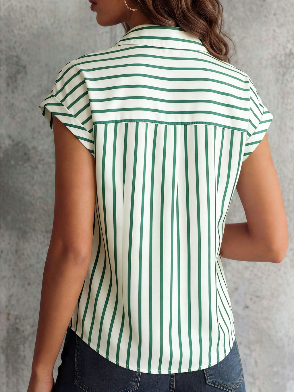 Striped Cap Sleeve Button Down Shirt - Green - 3