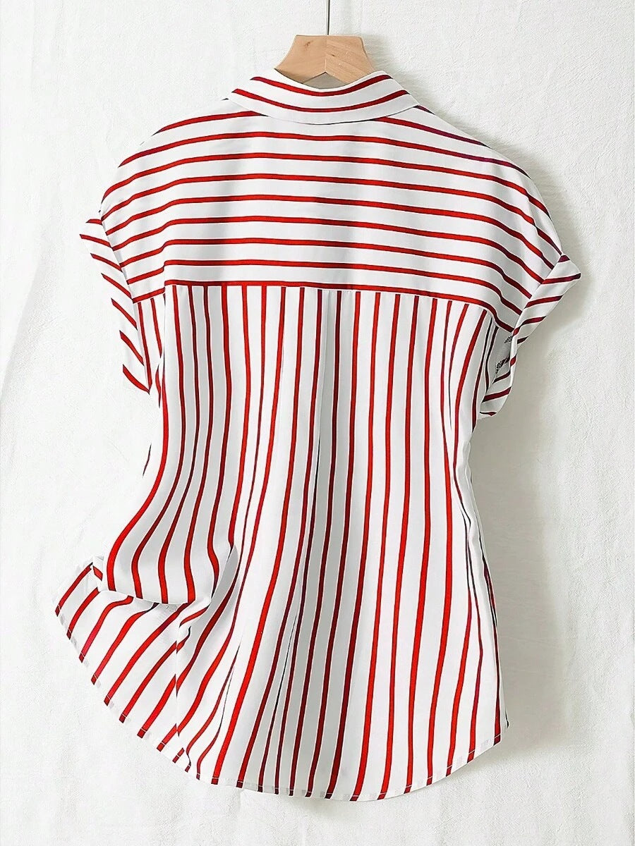 Striped Cap Sleeve Button Down Shirt - Red - 1