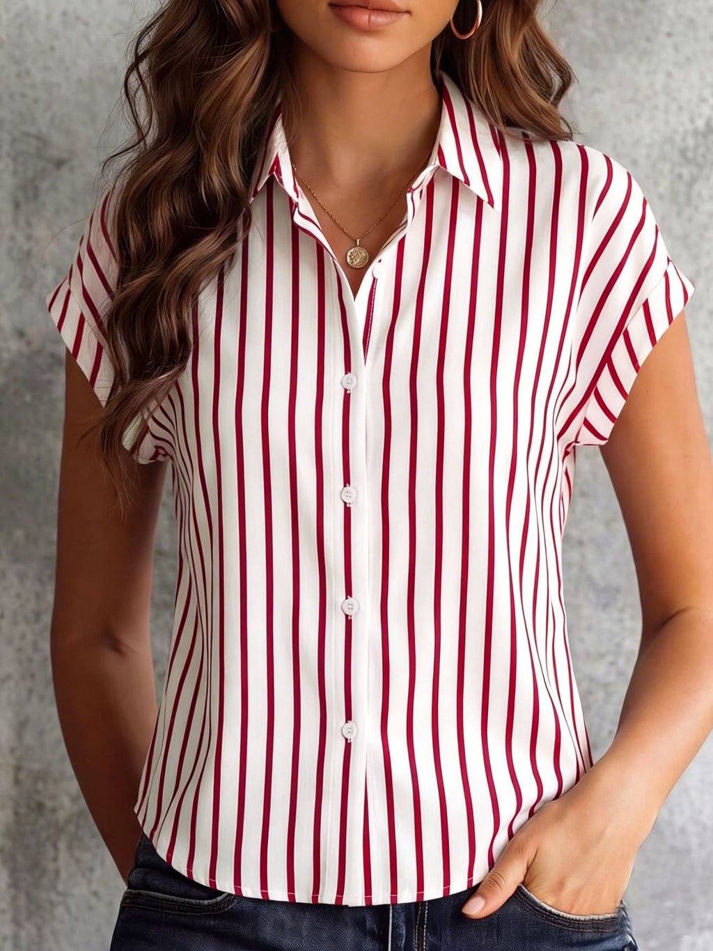 Striped Cap Sleeve Button Down Shirt - Red - 2