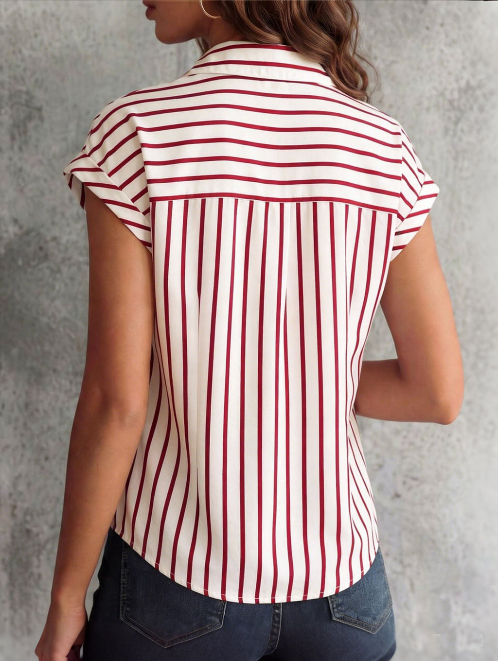 Striped Cap Sleeve Button Down Shirt - Red - 3