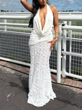 Cowl Neck Halter Backless Textured Maxi Dress - White
