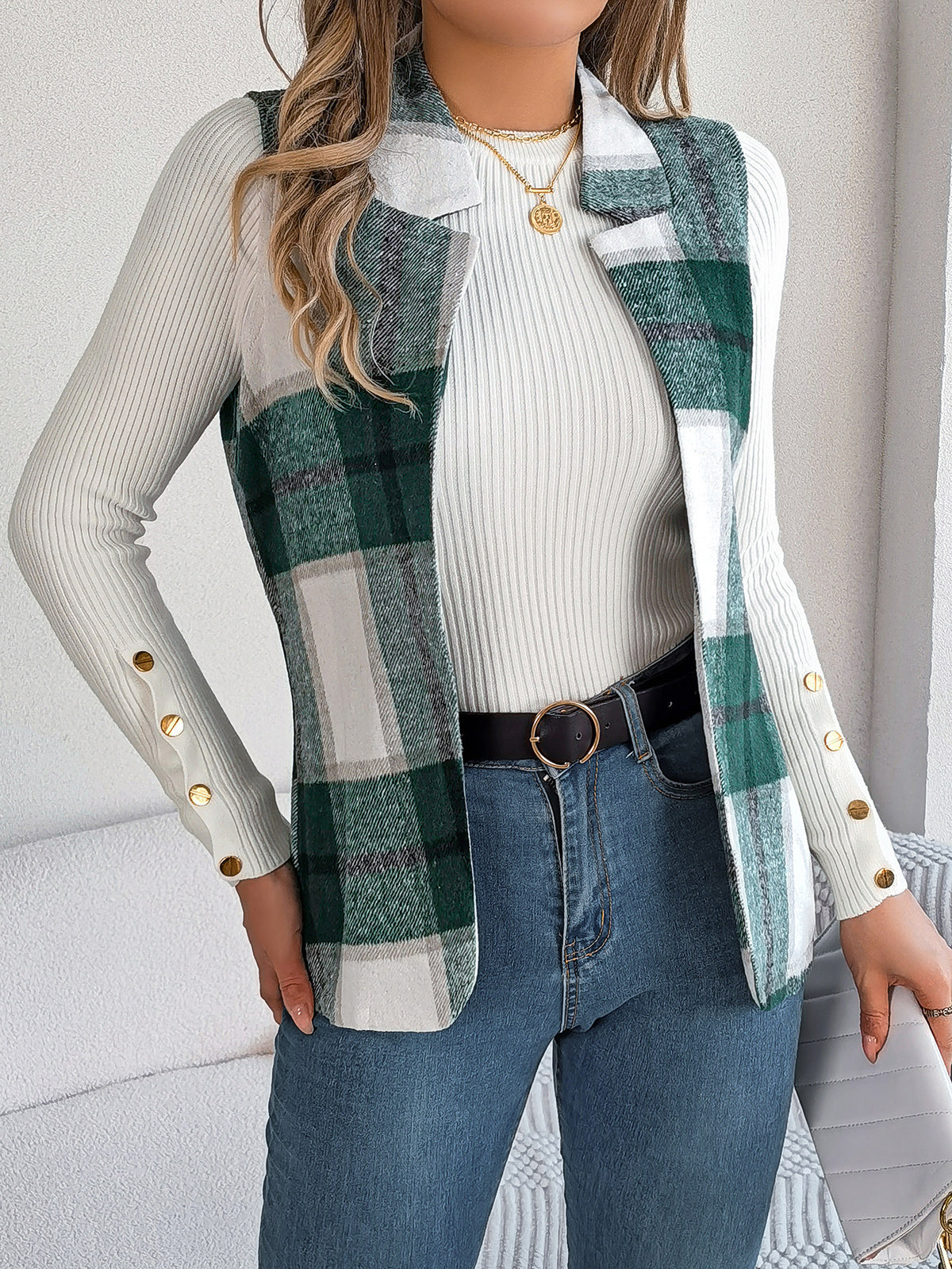 Plaid Open Front Sleeveless Vest - Green