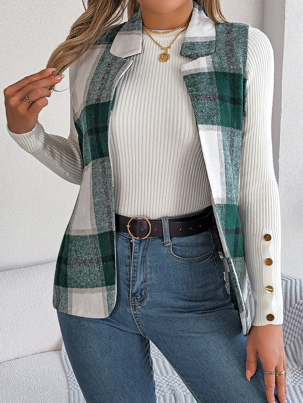 Plaid Open Front Sleeveless Vest - Green - 1