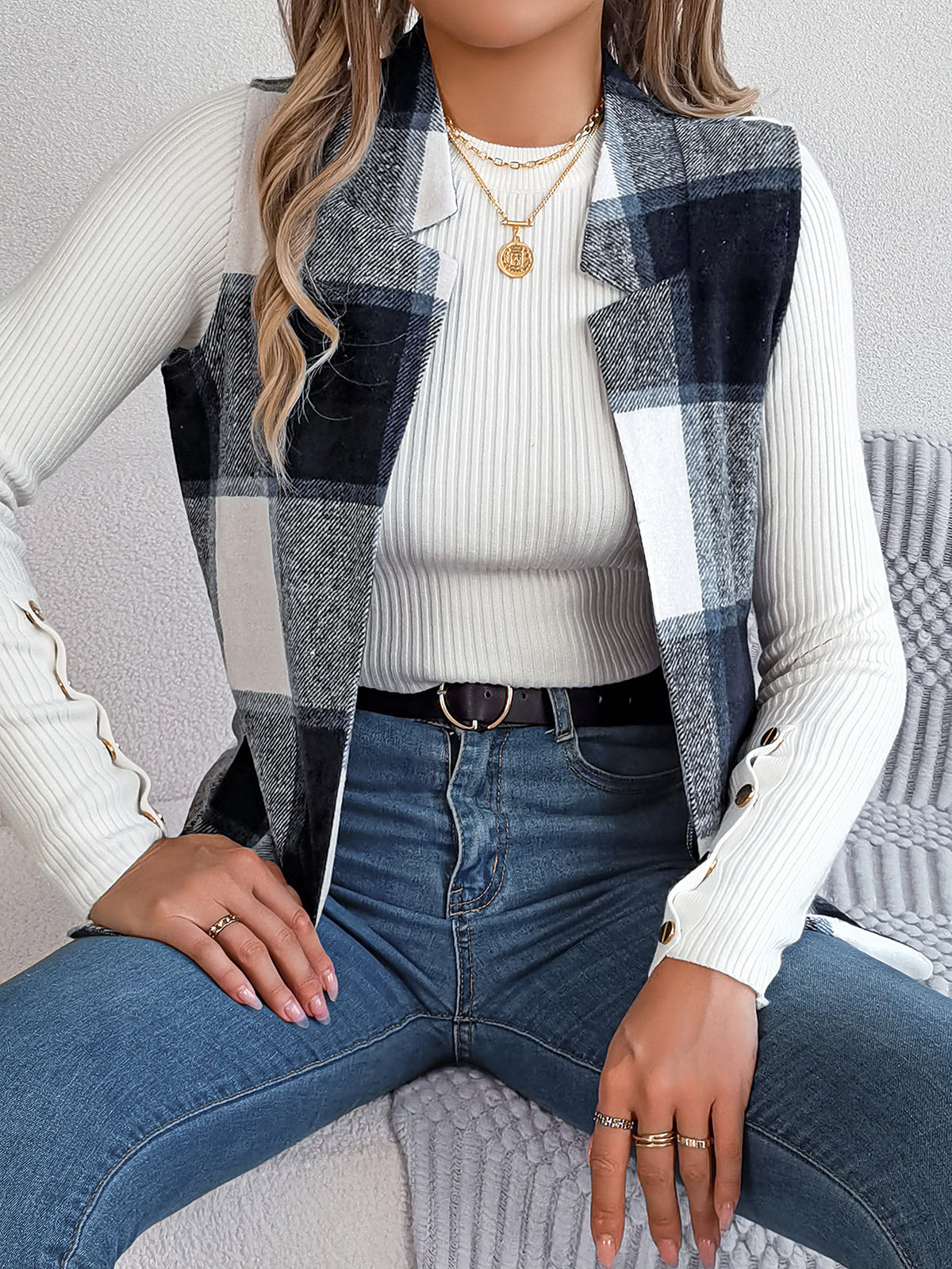 Plaid Open Front Sleeveless Vest - Navyblue - 1