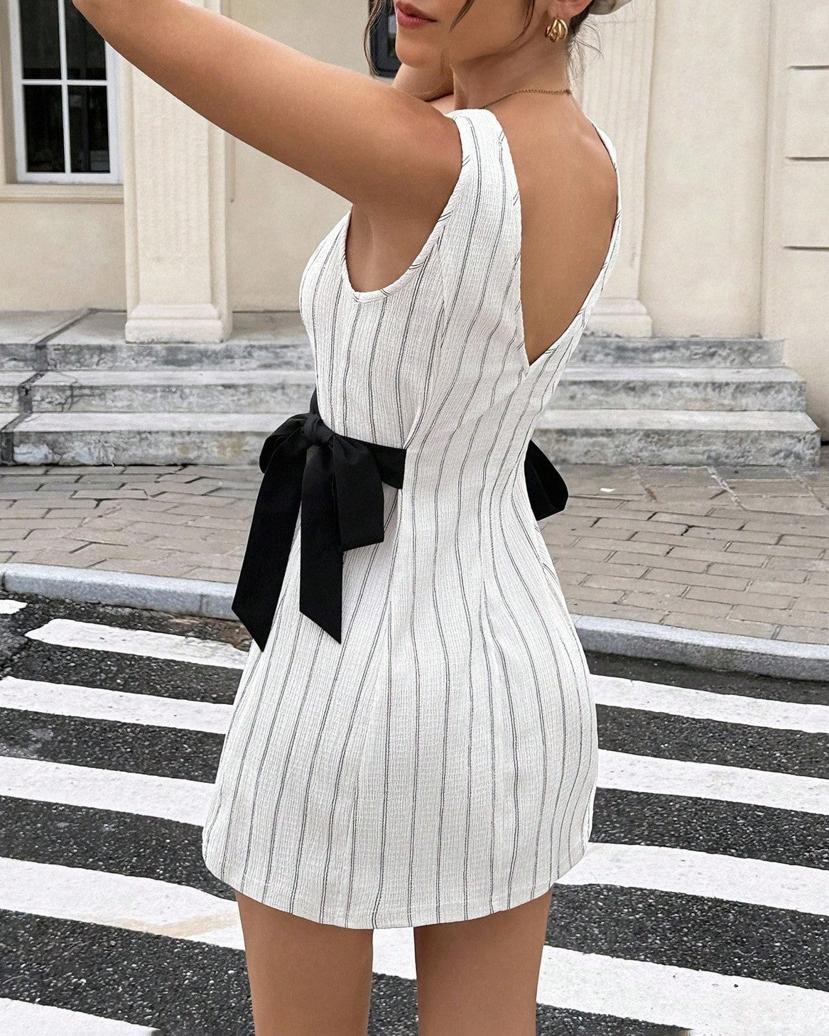 Pinstripe Sleeveless Mini Dress With Waist Bow - White - 2