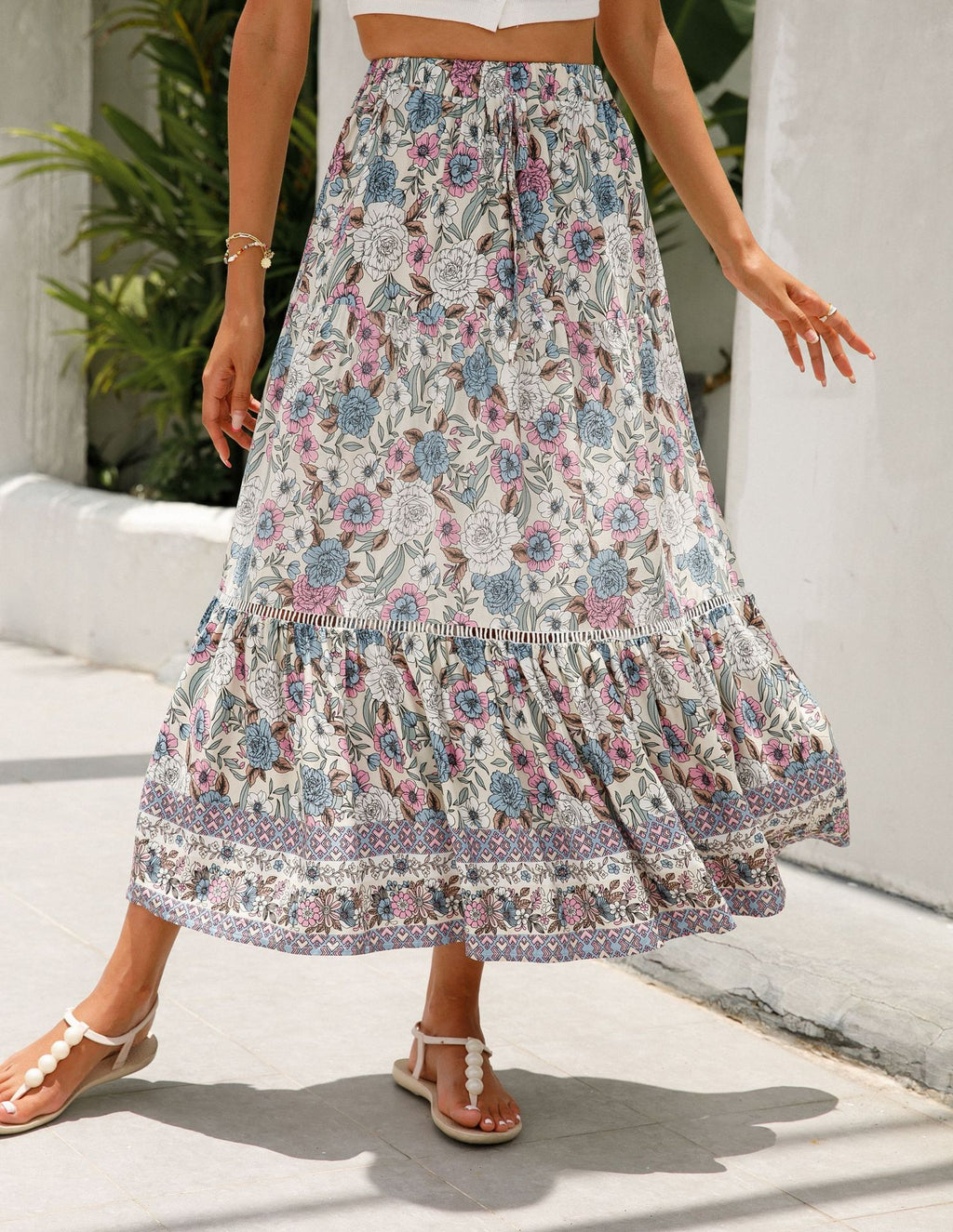 Floral Border Print Tiered Midi Skirt - Apricot - 3