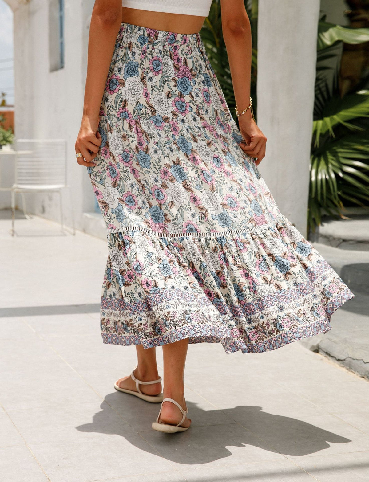 Floral Border Print Tiered Midi Skirt - Apricot - 4