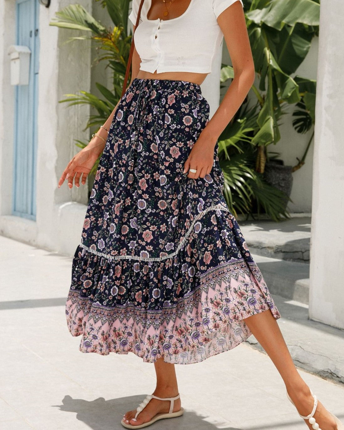 Floral Border Print Tiered Midi Skirt - Dark Blue
