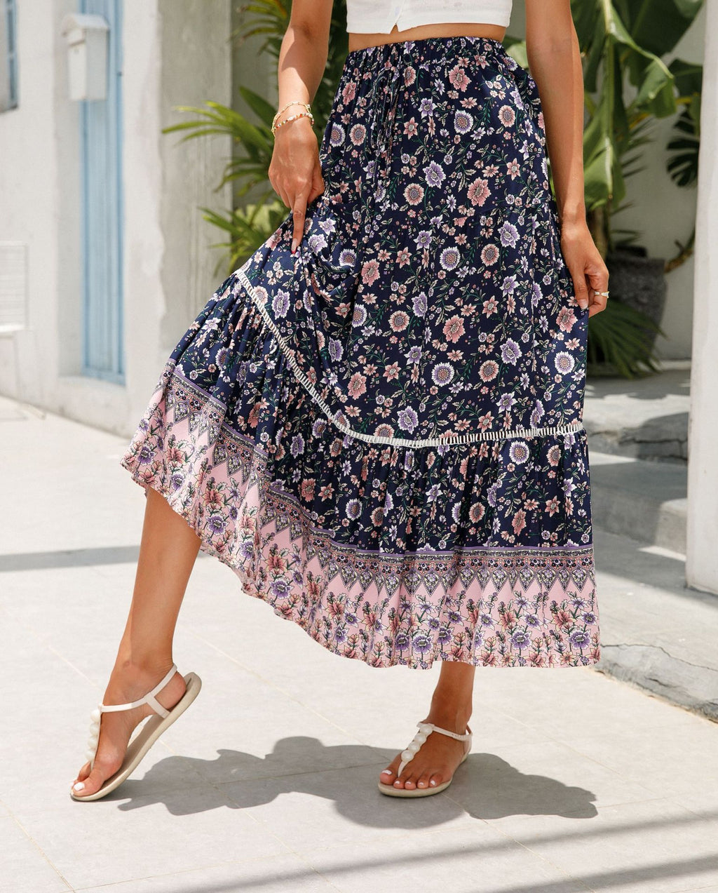 Floral Border Print Tiered Midi Skirt - Dark Blue - 1