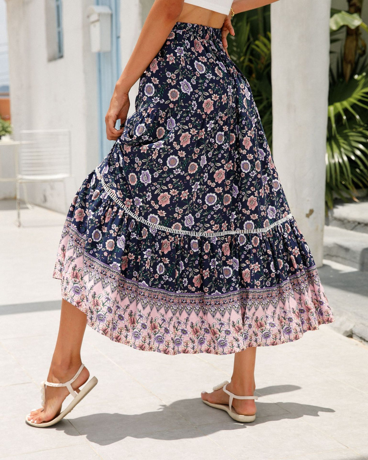 Floral Border Print Tiered Midi Skirt - Dark Blue - 2